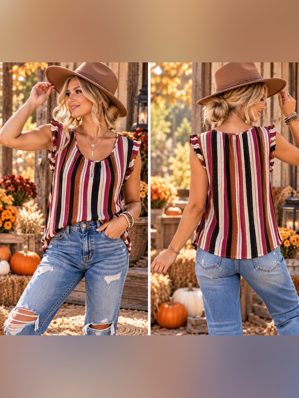 Striped Flutter Sleeve Women's Top in Burgundy Multi